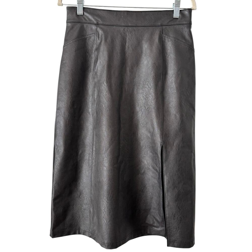 Spanx Slimming Vegan Leather Midi Skirt Size Medium Pull On Black A Line Slit